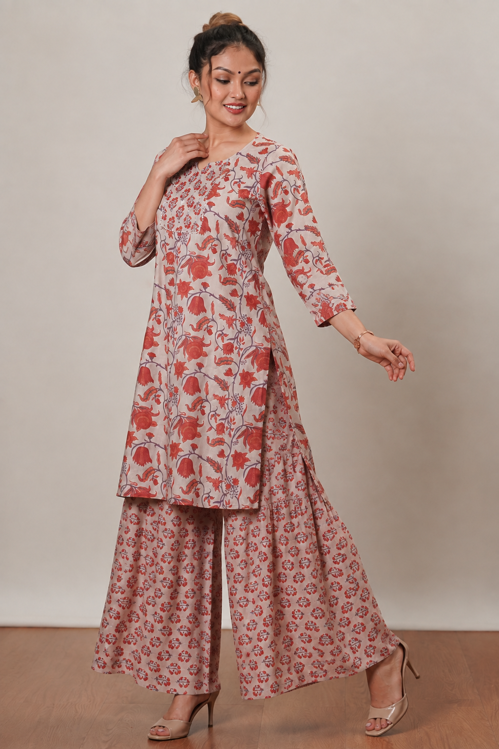 <b>Ruby</b></br>Rust & Beige Rayon Sharara Kurti Set - Image 2