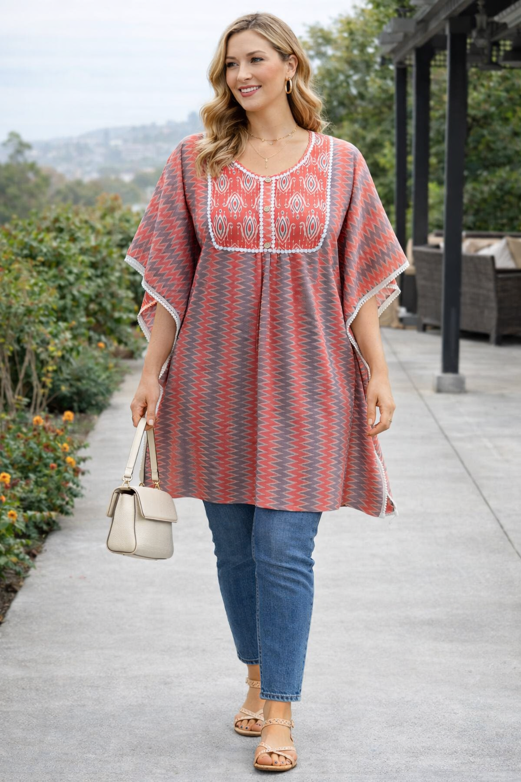 <b>Riya</b><br/>Coral Chevron Printed Kaftan Top