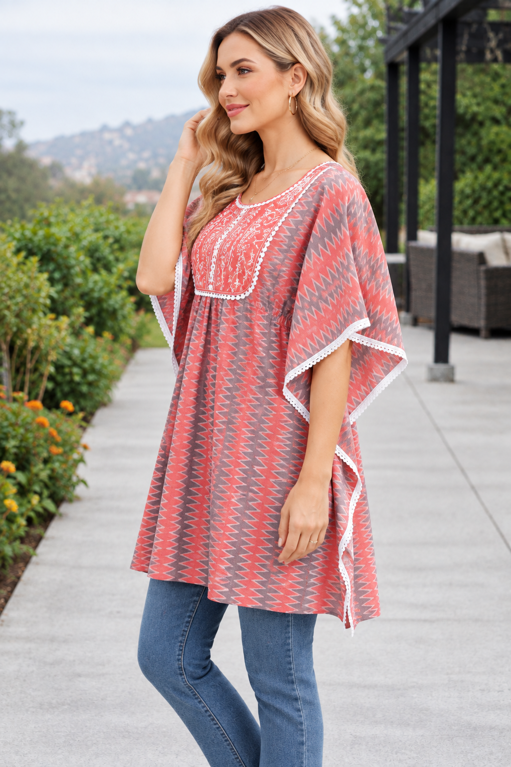 <b>Riya</b><br/>Coral Chevron Printed Kaftan Top - Image 2