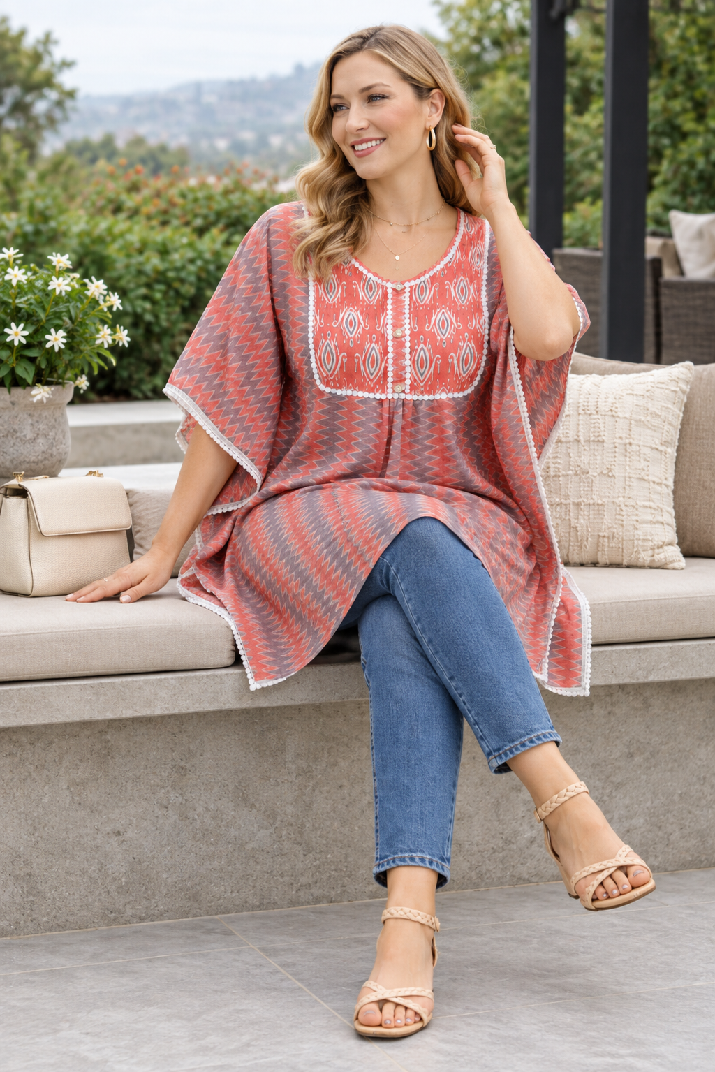 <b>Riya</b><br/>Coral Chevron Printed Kaftan Top - Image 3
