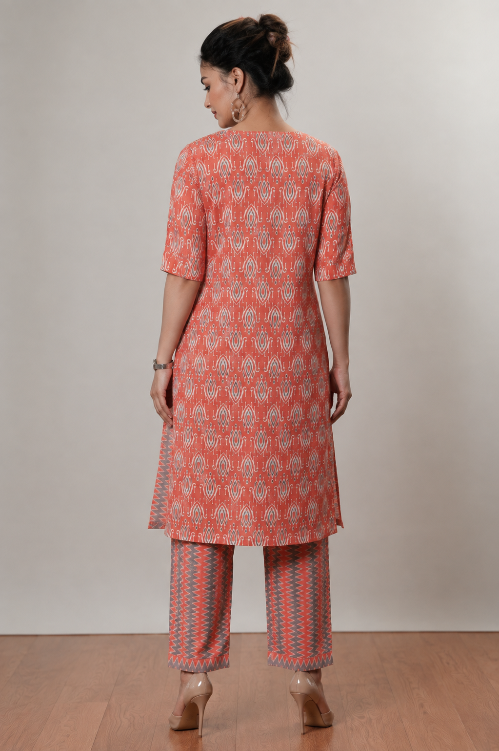 <b>Grace</b><br/>Coral Ikat Printed Cotton Kurti Pants Set - Image 4
