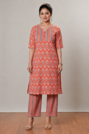 <b>Grace</b><br/>Coral Ikat Printed Cotton Kurti Pants Set