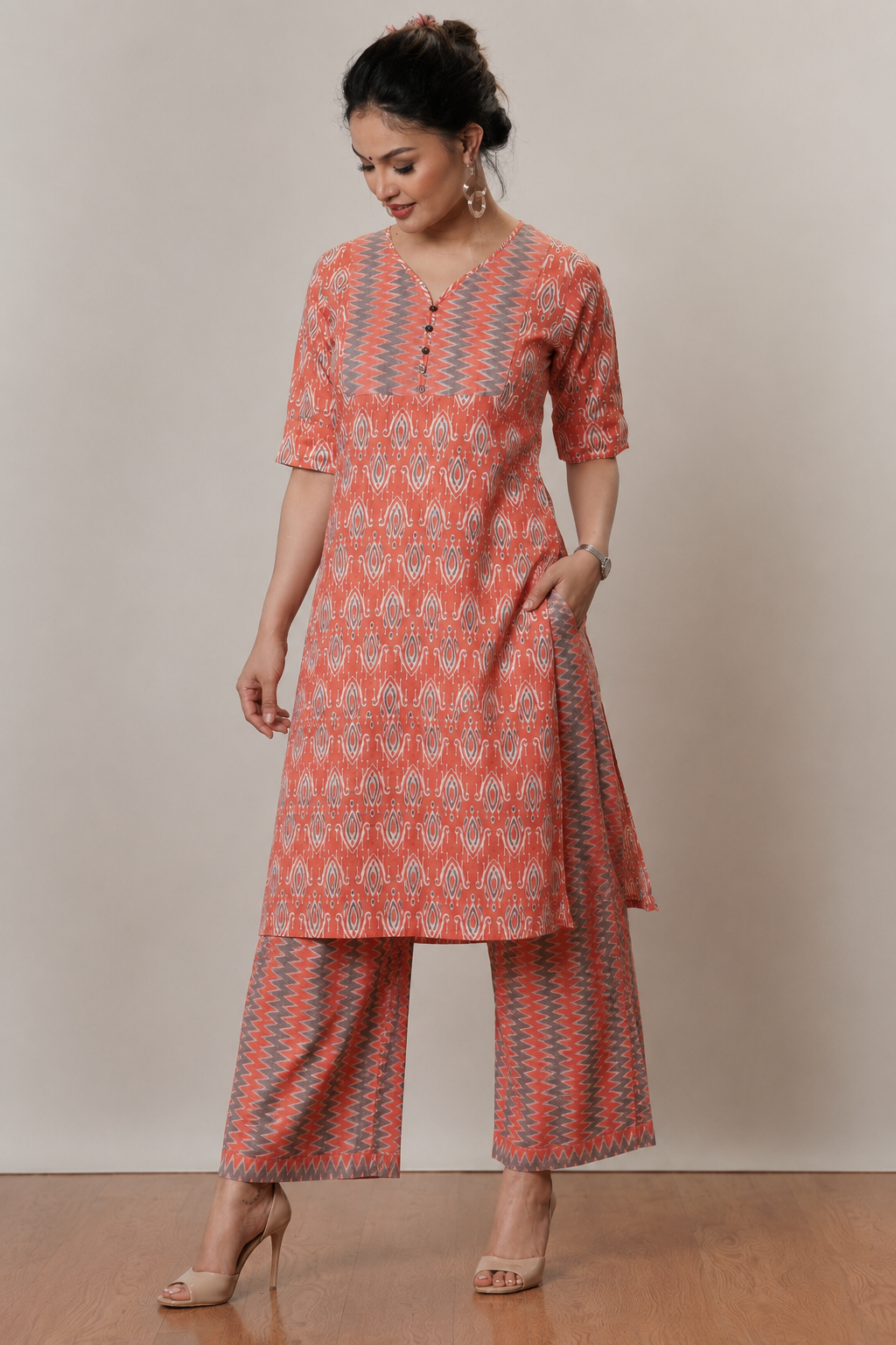 <b>Grace</b><br/>Coral Ikat Printed Cotton Kurti Pants Set - Image 2