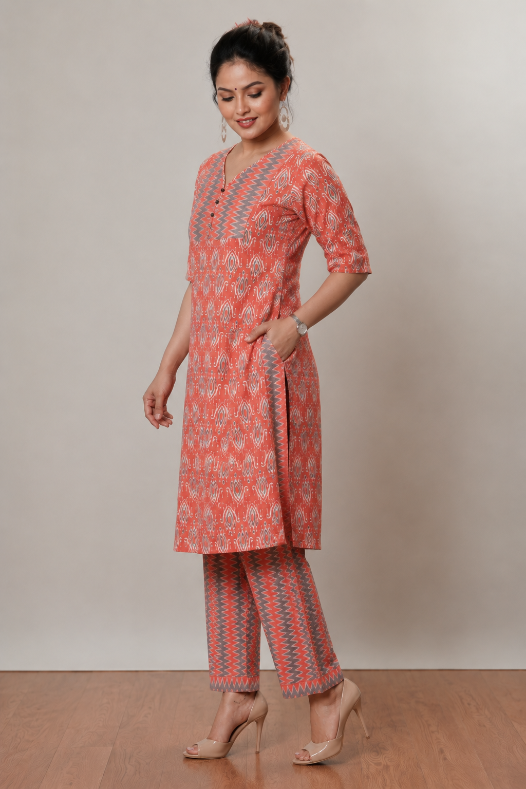 <b>Grace</b><br/>Coral Ikat Printed Cotton Kurti Pants Set - Image 3