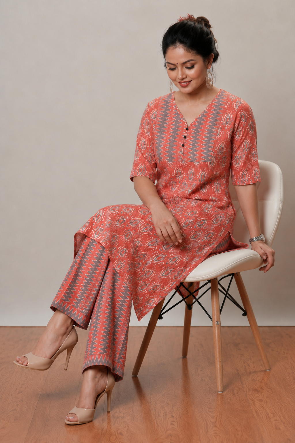 <b>Grace</b><br/>Coral Ikat Printed Cotton Kurti Pants Set - Image 7