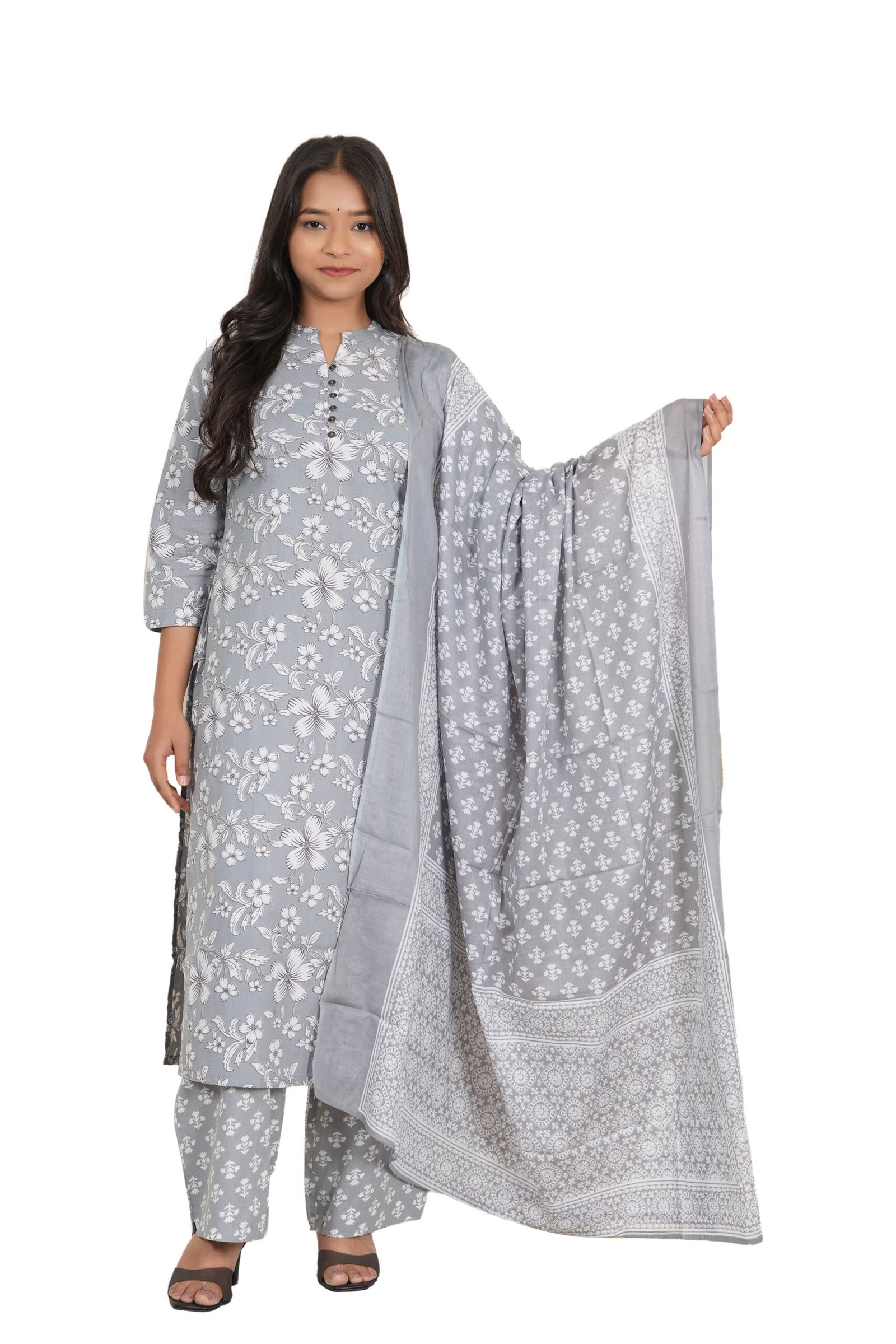<b>Cera</b><br/>Grey Floral Cotton Kurti Pant Set with Dupatta - Image 3