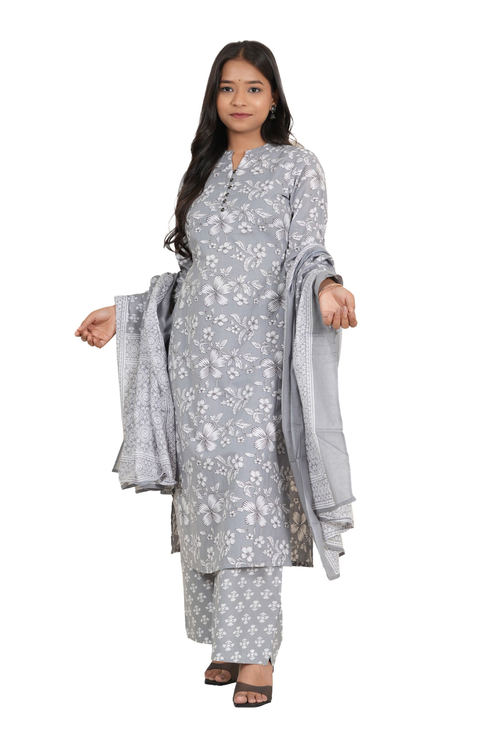 <b>Cera</b><br/>Grey Floral Cotton Kurti Pant Set with Dupatta - Image 5