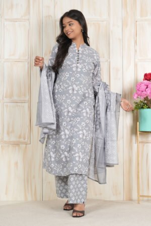 <b>Cera</b><br/>Grey Floral Cotton Kurti Pant Set with Dupatta
