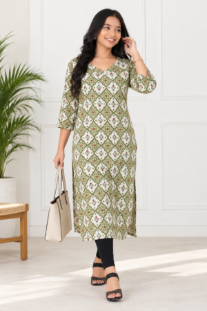 <b>Arlo</b><br/>Ivory & Olive Green Straight Cotton Kurti