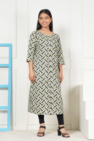 <b>Jade</b><br/>Olive Green Black Chevron Print Straight Cotton Kurti