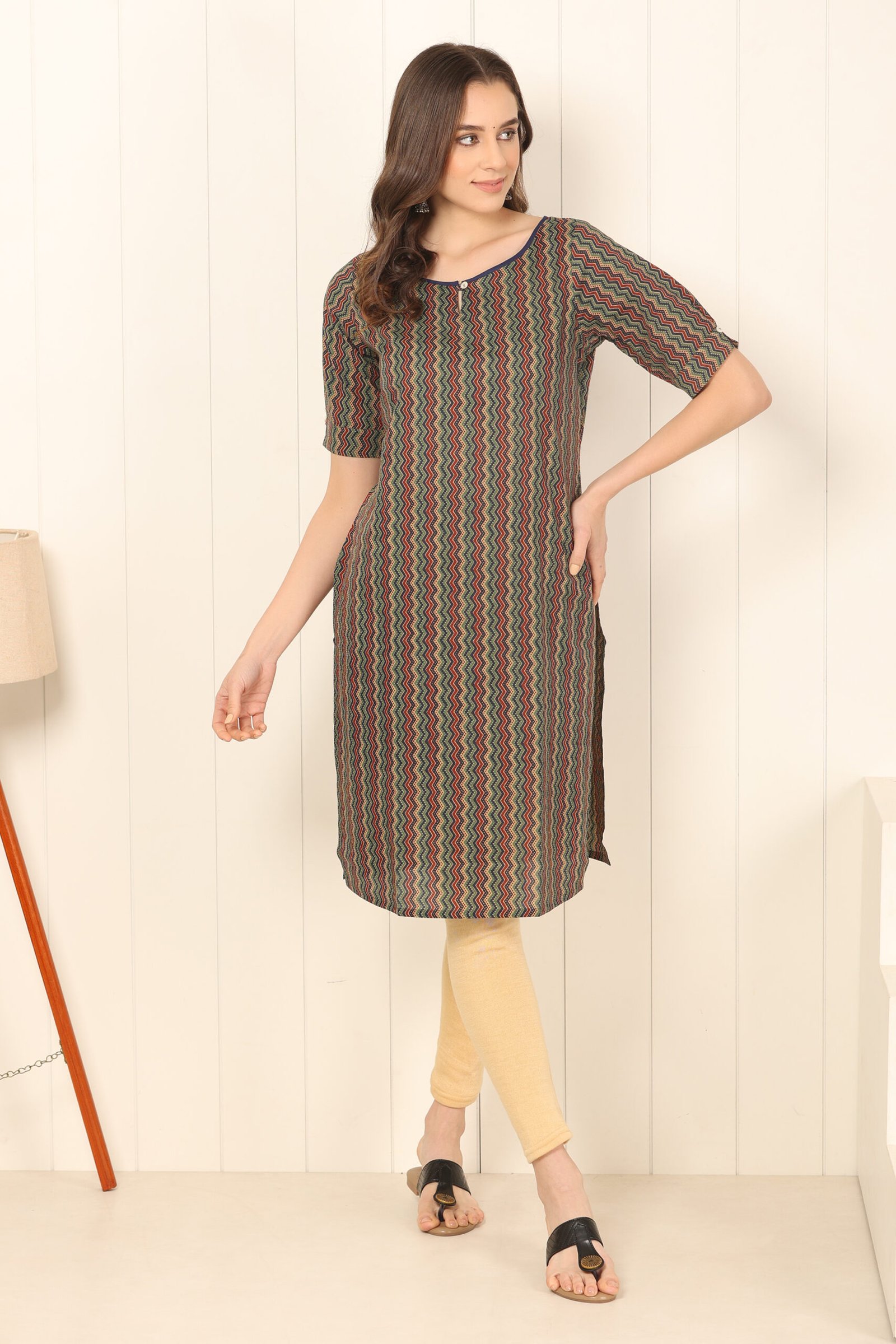 <b>Mona</b><br/>Multicolor zigzag Print Straight Cotton Kurti