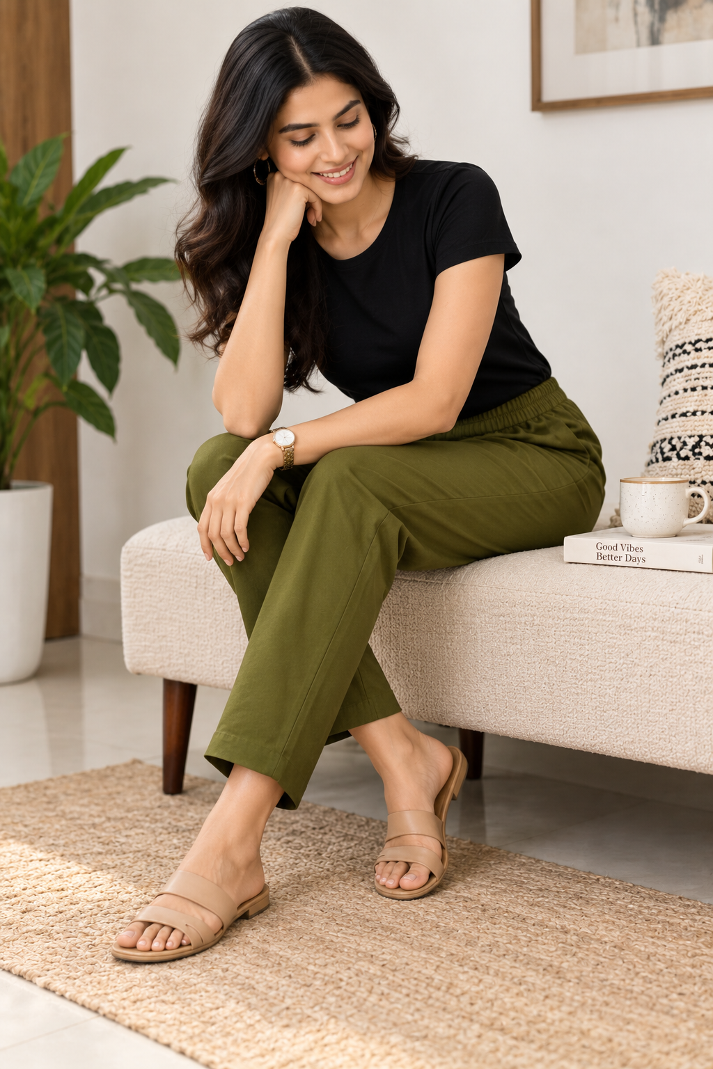 <b>Cora</b><br/>Olive Green Cotton Comfort Pants - Image 3