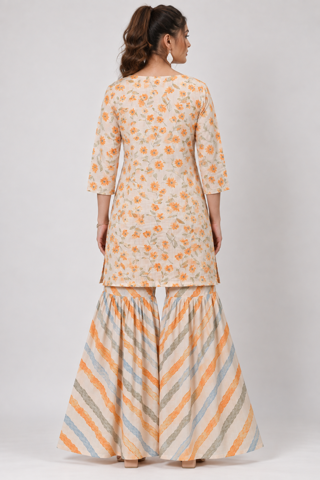 <b>Iris</b><br/>Orange Floral Cotton Sharara Kurti Set - Image 3