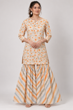 <b>Iris</b><br/>Orange Floral Cotton Sharara Kurti Set