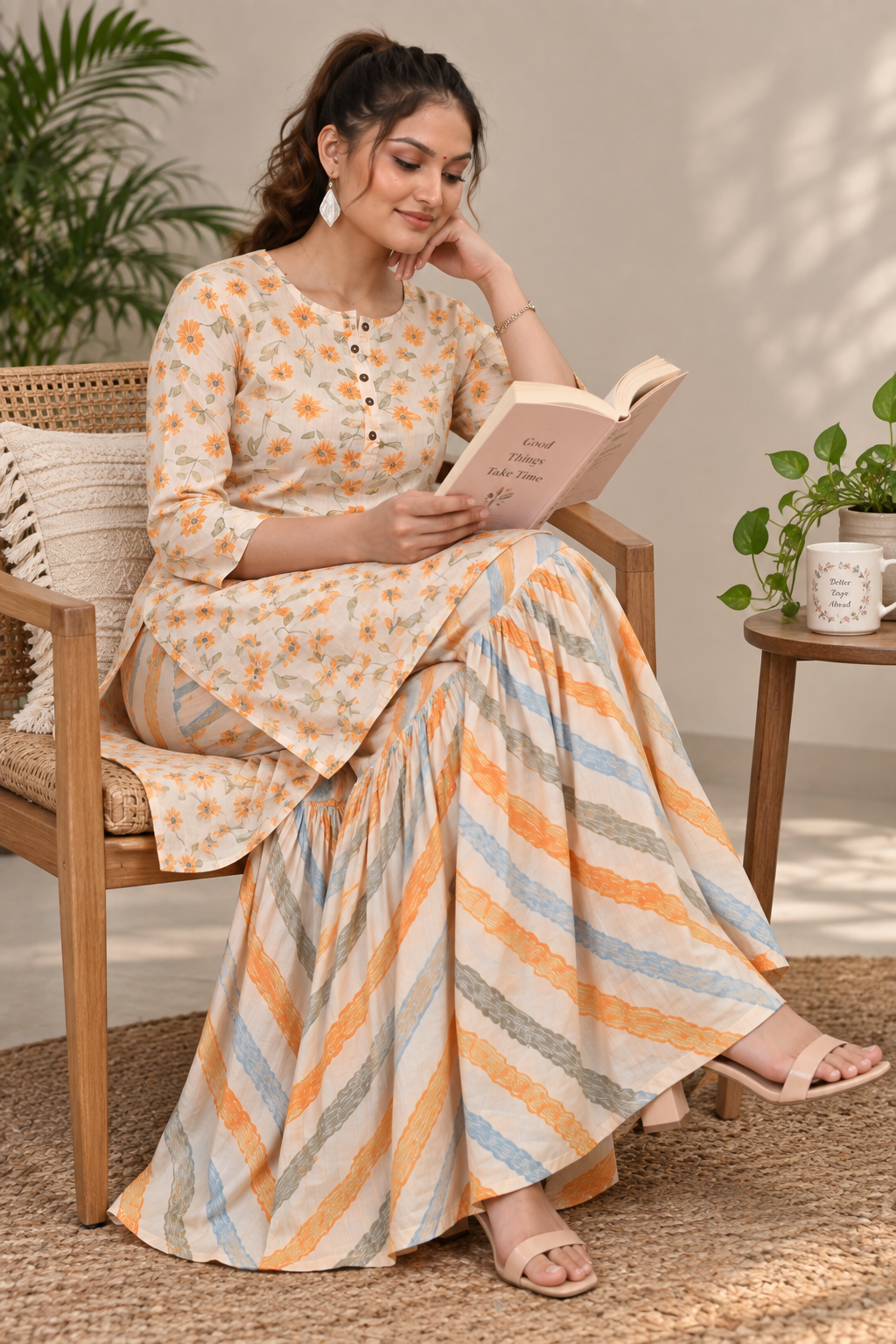 <b>Iris</b><br/>Orange Floral Cotton Sharara Kurti Set - Image 4