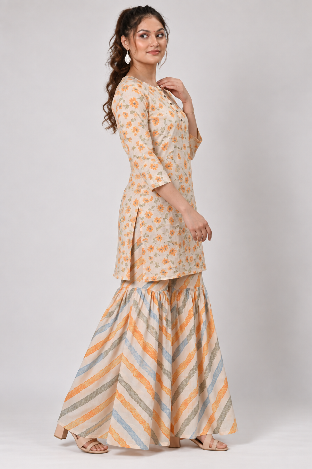 <b>Iris</b><br/>Orange Floral Cotton Sharara Kurti Set - Image 2