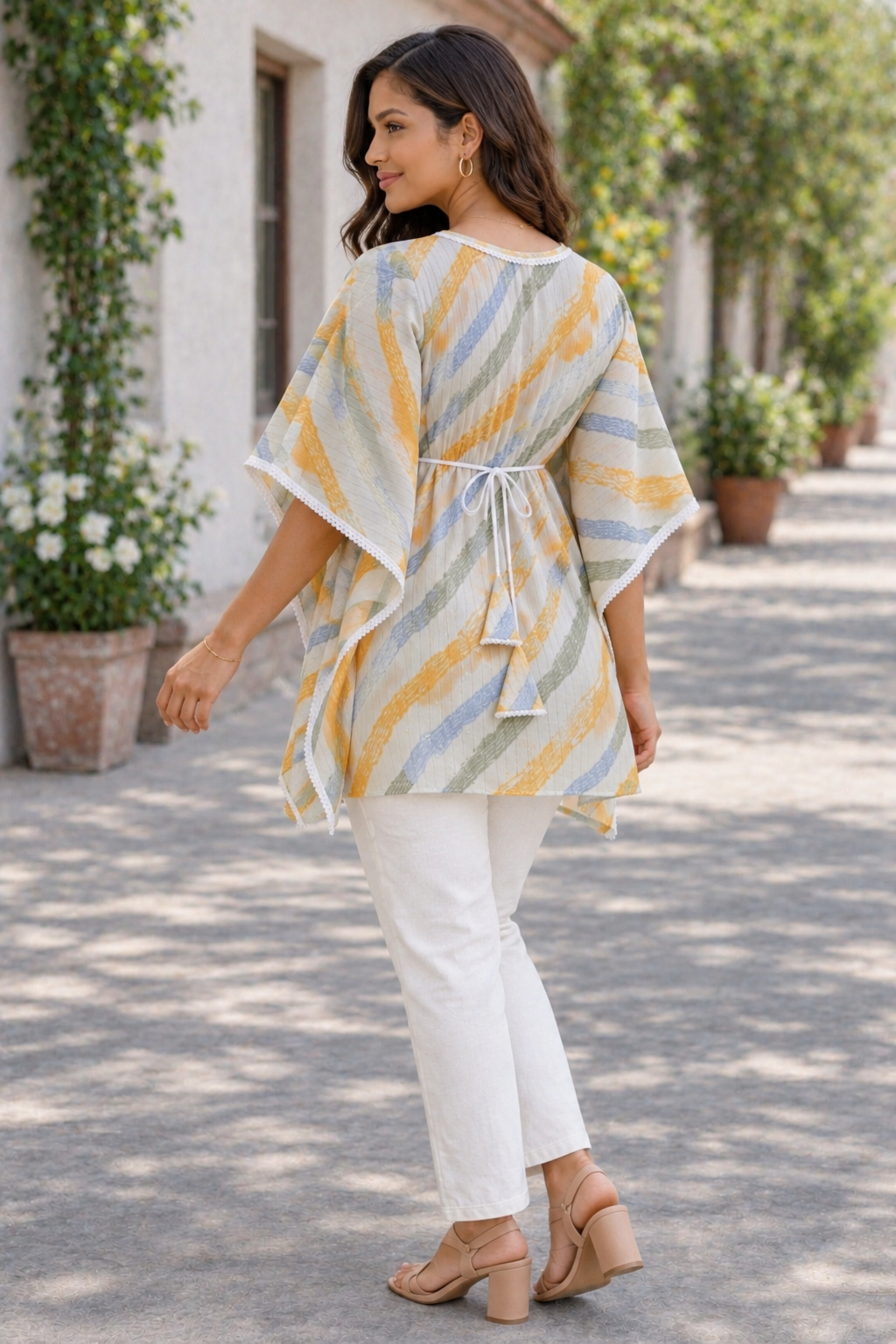 <b>Riya</b><br/>Pastel Orange Wave Printed Kaftan Top - Image 3