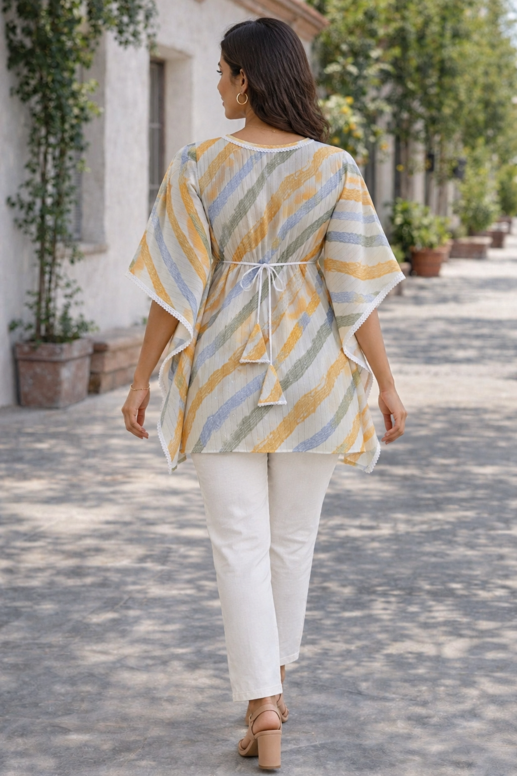 <b>Riya</b><br/>Pastel Orange Wave Printed Kaftan Top - Image 4