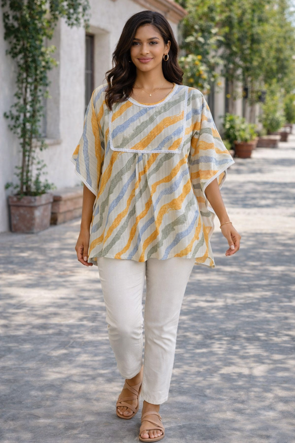 <b>Riya</b><br/>Pastel Orange Wave Printed Kaftan Top