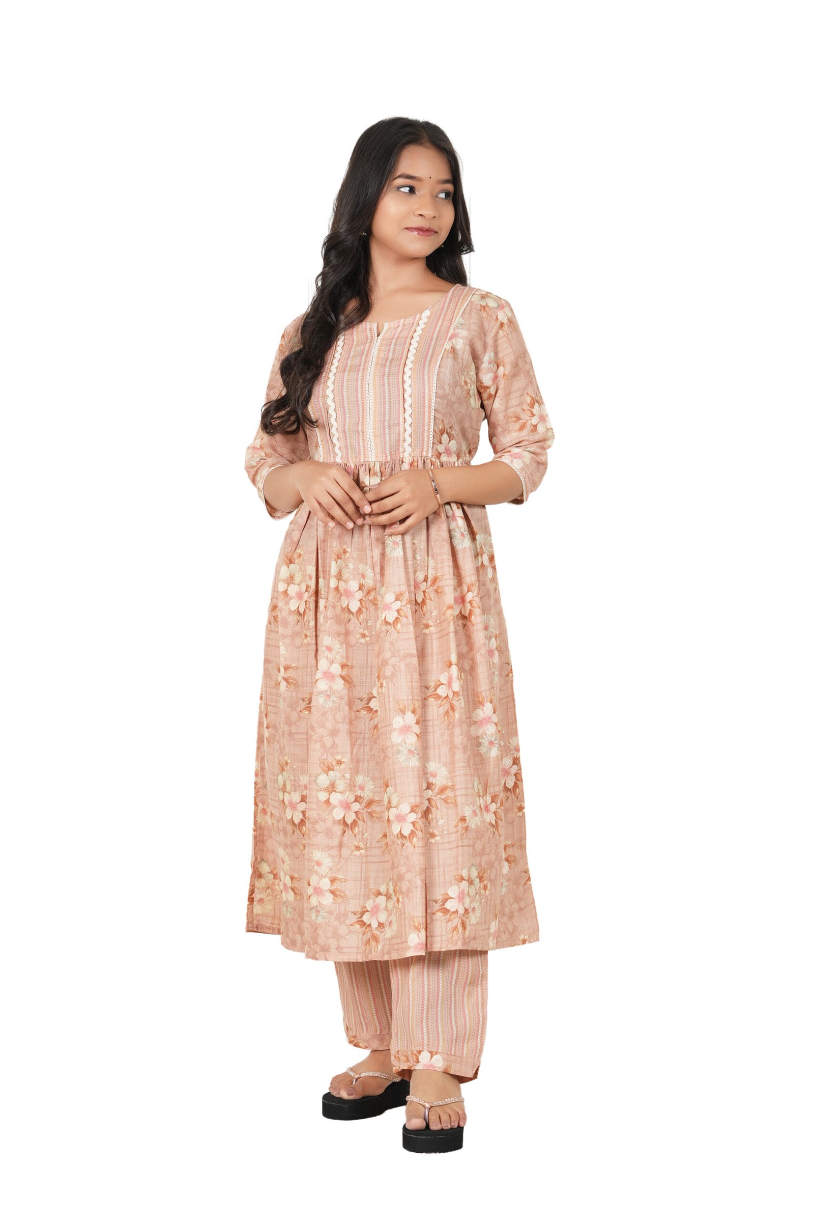 <b>Pocozen</b><br/>Peach Floral Frock Style Kurti Pant Set - Image 2