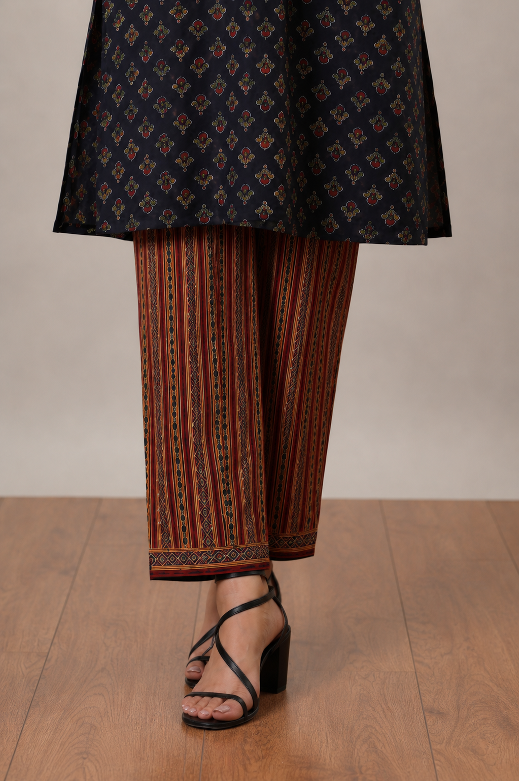 <b>Grace</b><br/>Peacock Blue & Maroon Printed Cotton Kurti Pants Set - Image 6