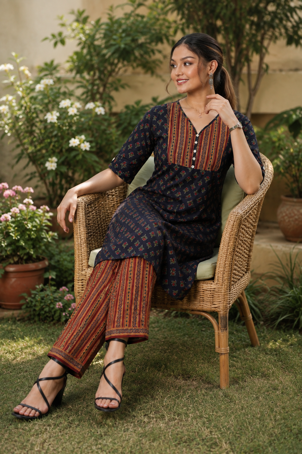 <b>Grace</b><br/>Peacock Blue & Maroon Printed Cotton Kurti Pants Set - Image 4