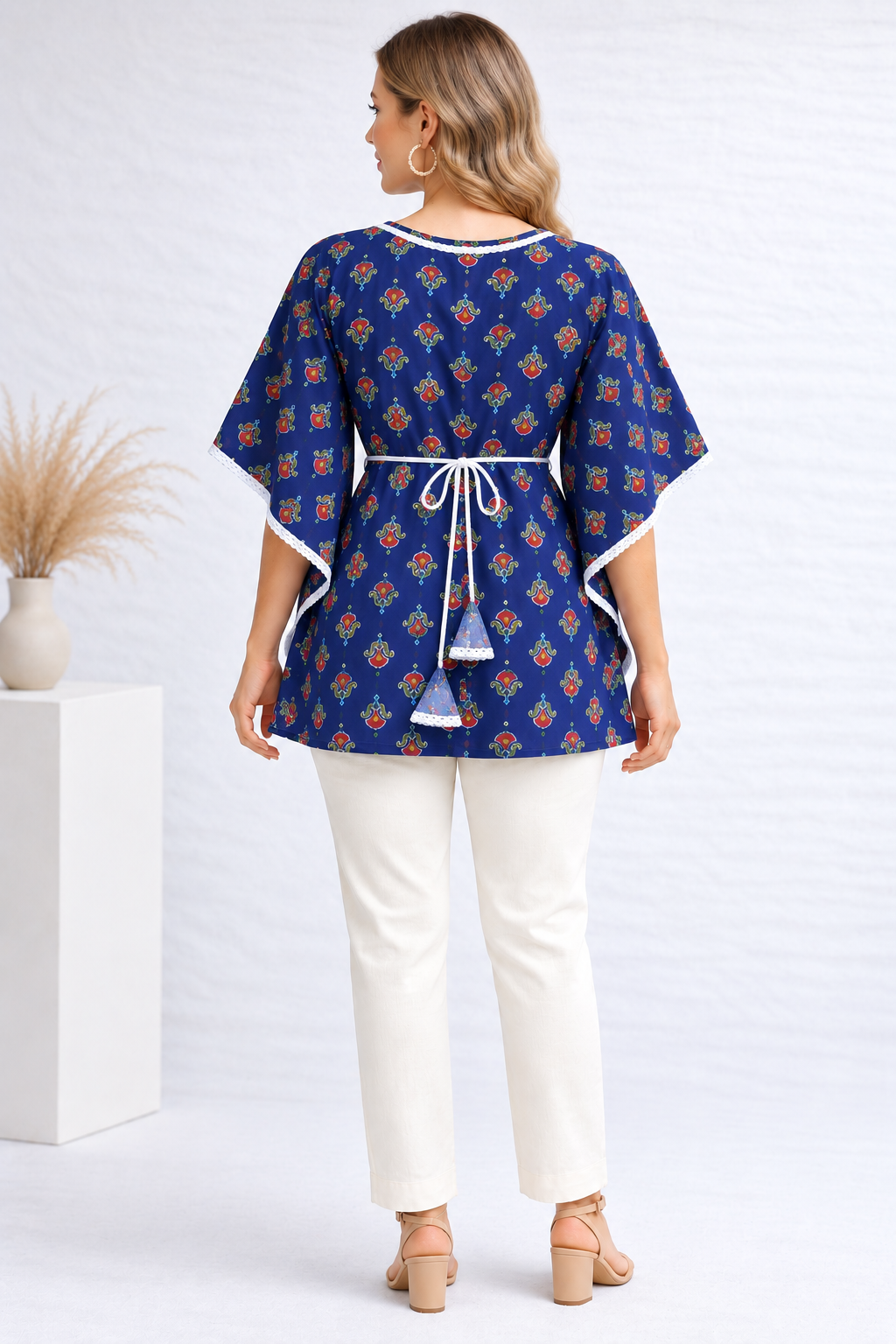 <b>Riya</b><br/>Peacock blue Maroon Motifs Printed Kaftan Top - Image 3
