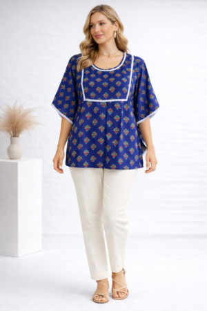 <b>Riya</b><br/>Peacock blue Maroon Motifs Printed Kaftan Top