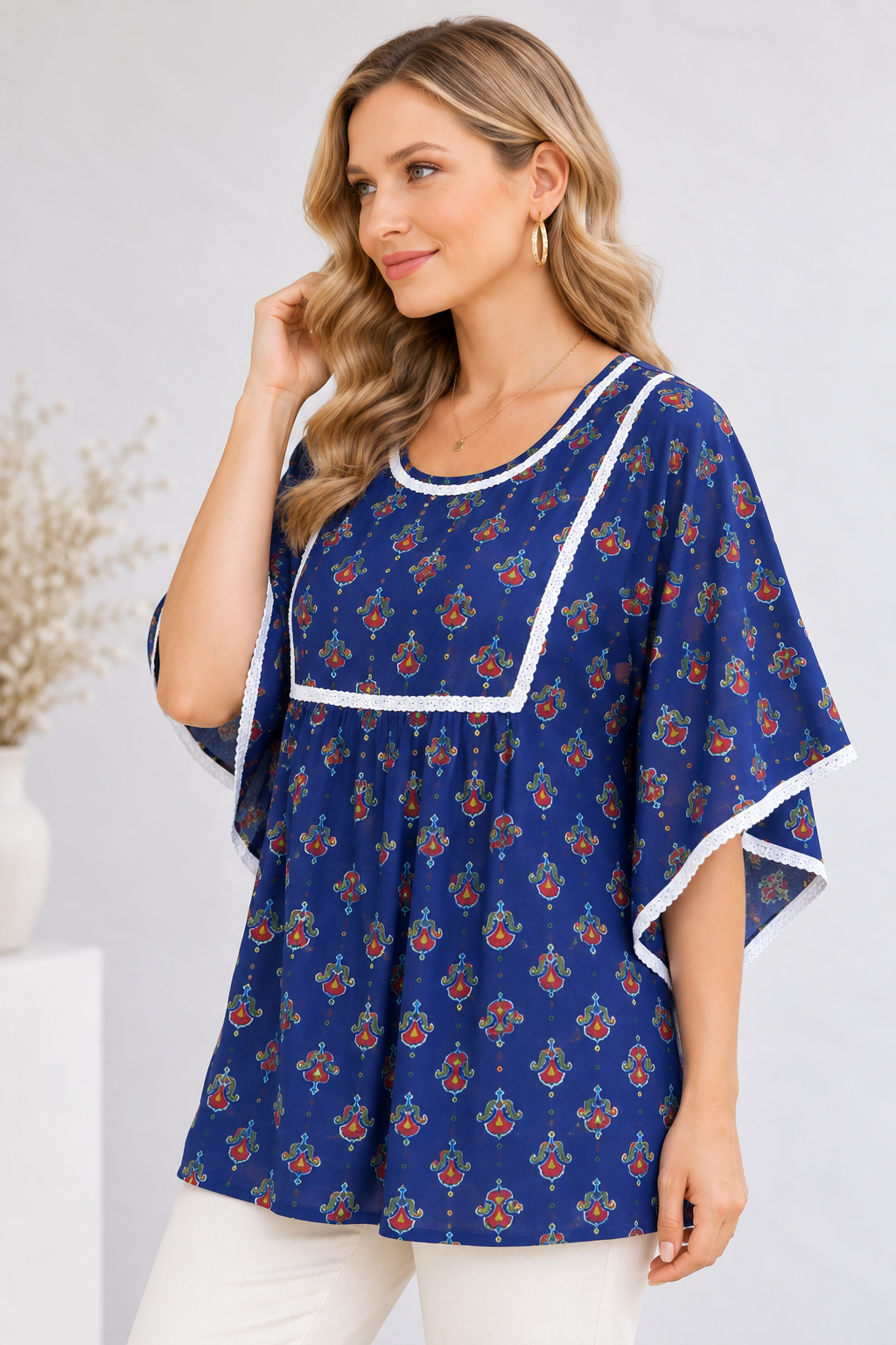 <b>Riya</b><br/>Peacock blue Maroon Motifs Printed Kaftan Top - Image 2