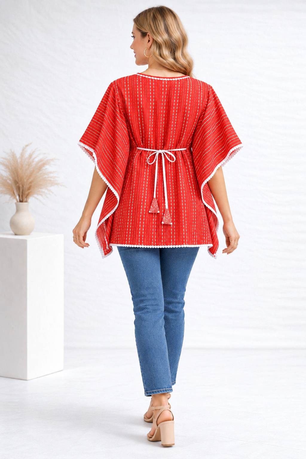 <b>Riya</b><br/>Red Boho Gathered Kaftan Top - Image 3