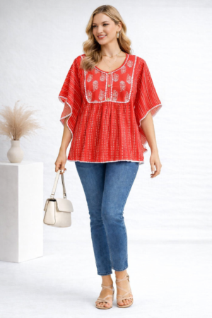 <b>Riya</b><br/>Red Boho Gathered Kaftan Top
