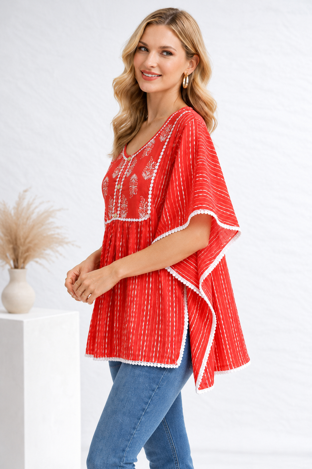 <b>Riya</b><br/>Red Boho Gathered Kaftan Top - Image 2
