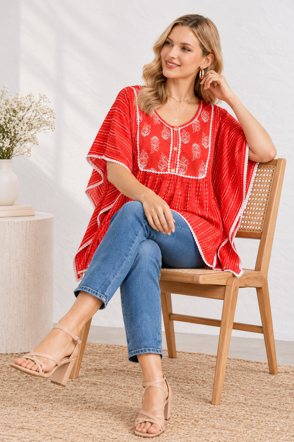 <b>Riya</b><br/>Red Boho Gathered Kaftan Top - Image 4