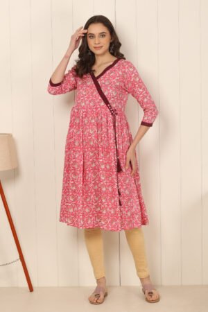 <b>Angarkha</b><br/>Rose Pink Floral Rayon Frock Kurti