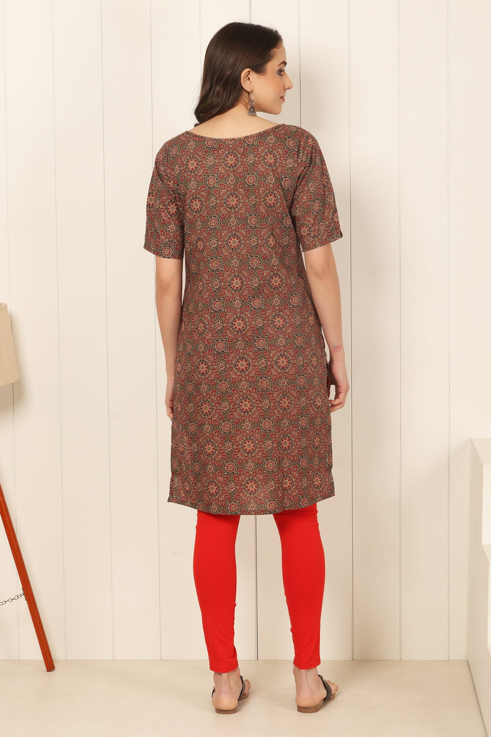 <b>Mona</b><br/>Rust Brown Ikat Printed Straight Cotton Kurti - Image 4