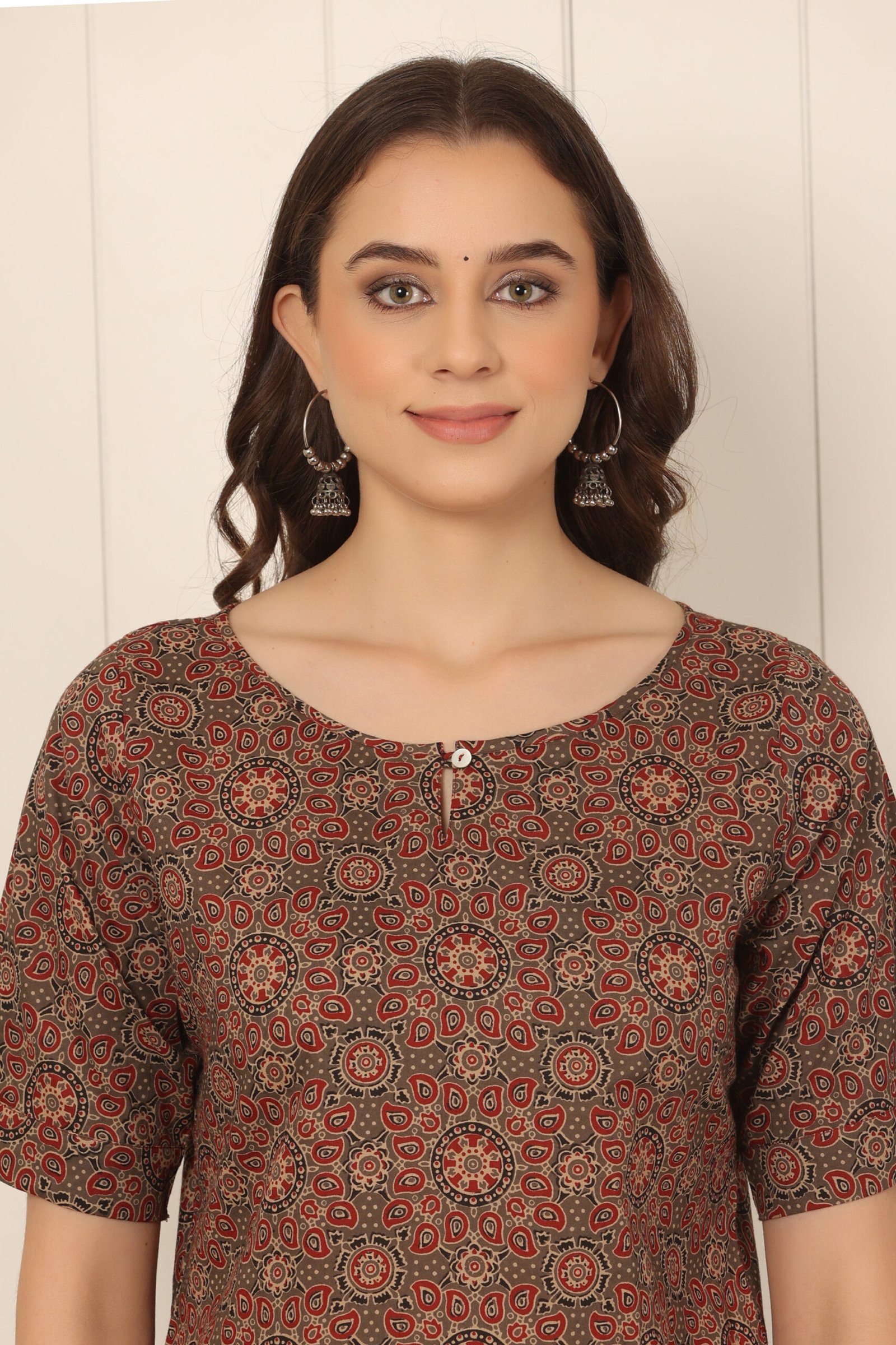 <b>Mona</b><br/>Rust Brown Ikat Printed Straight Cotton Kurti - Image 5