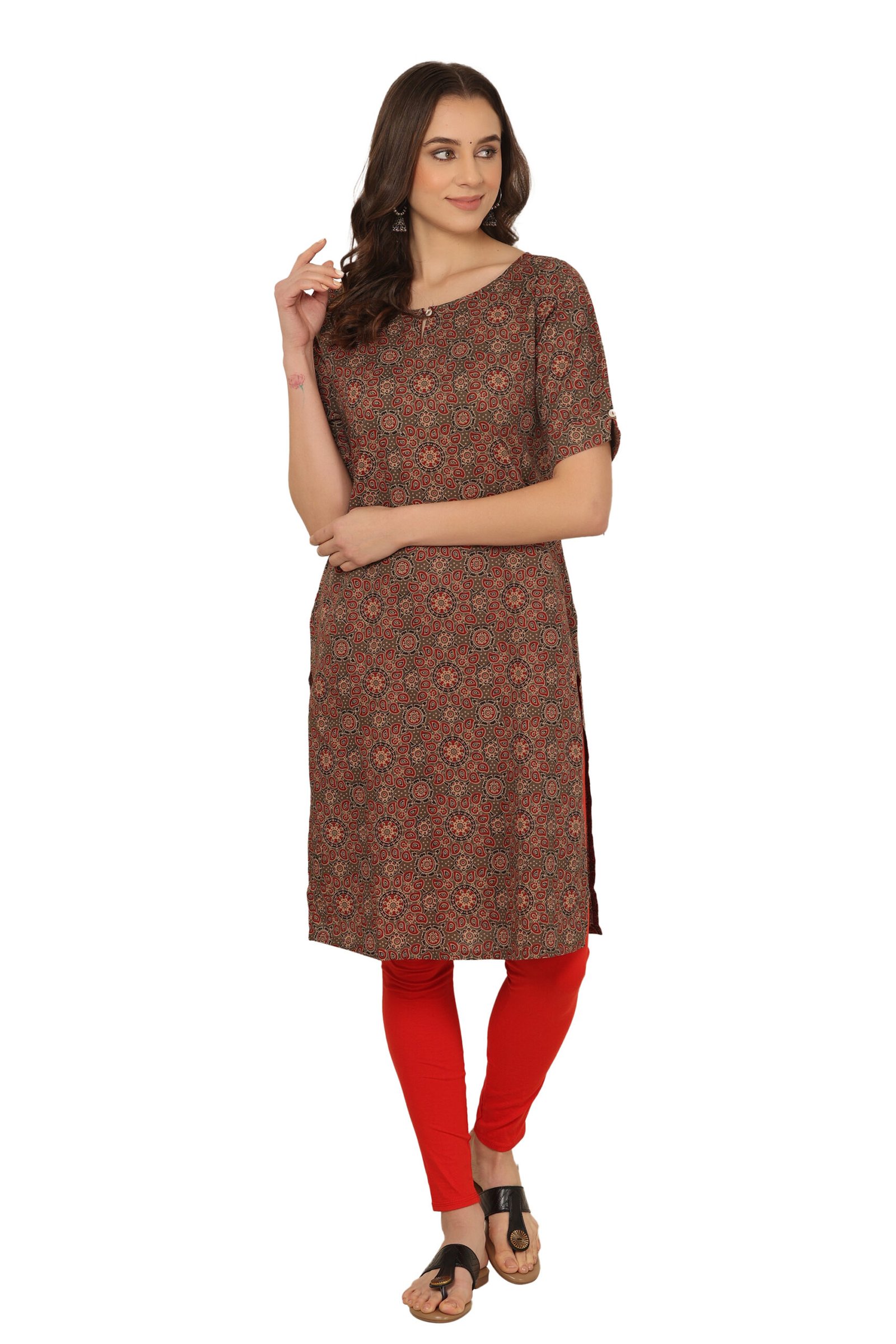 <b>Mona</b><br/>Rust Brown Ikat Printed Straight Cotton Kurti