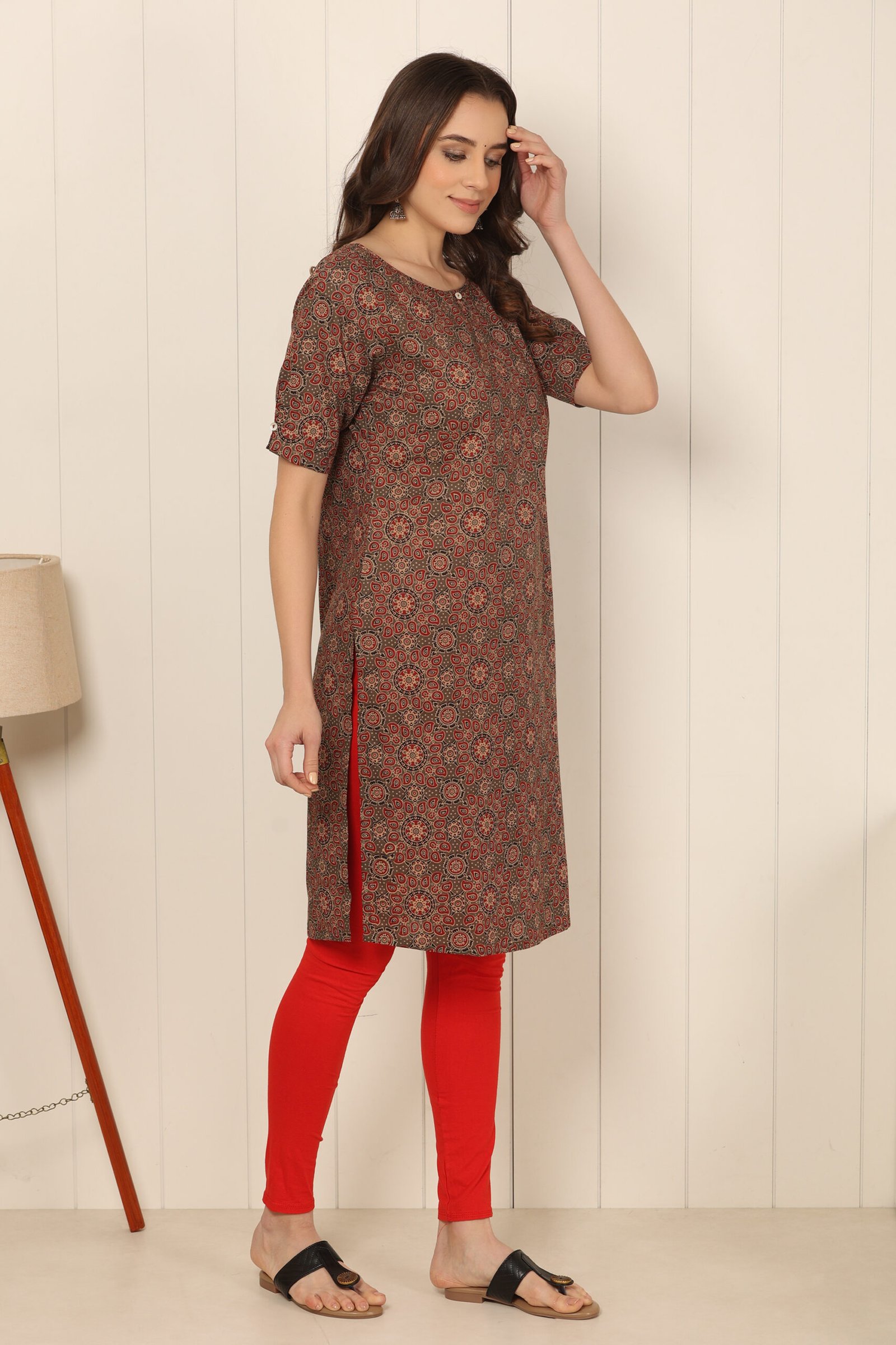 <b>Mona</b><br/>Rust Brown Ikat Printed Straight Cotton Kurti - Image 2
