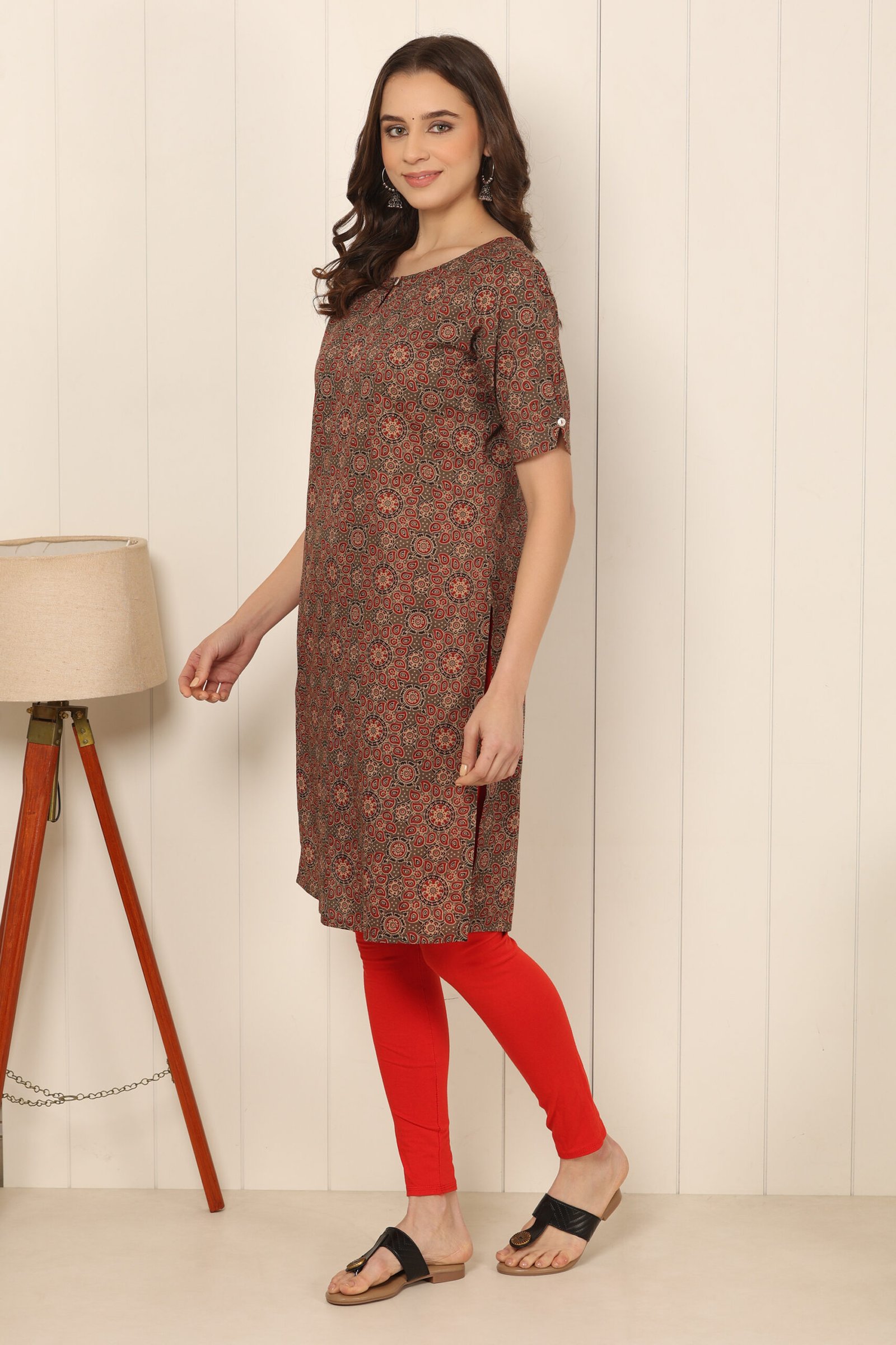 <b>Mona</b><br/>Rust Brown Ikat Printed Straight Cotton Kurti - Image 3