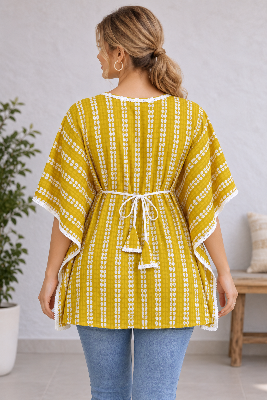 <b>Riya</b><br/>Rust Yellow Leafy Printed Kaftan Top - Image 3