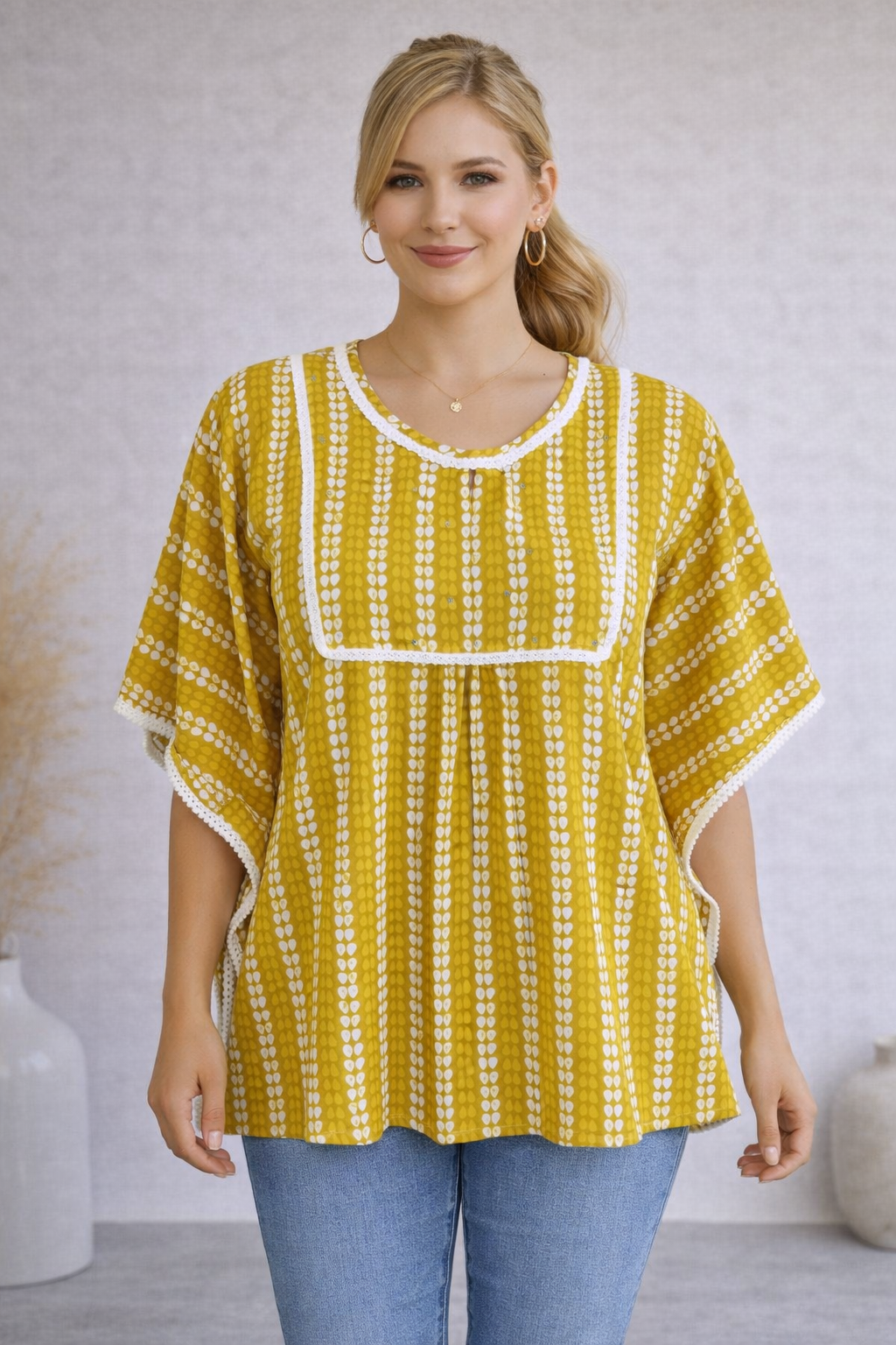 <b>Riya</b><br/>Rust Yellow Leafy Printed Kaftan Top
