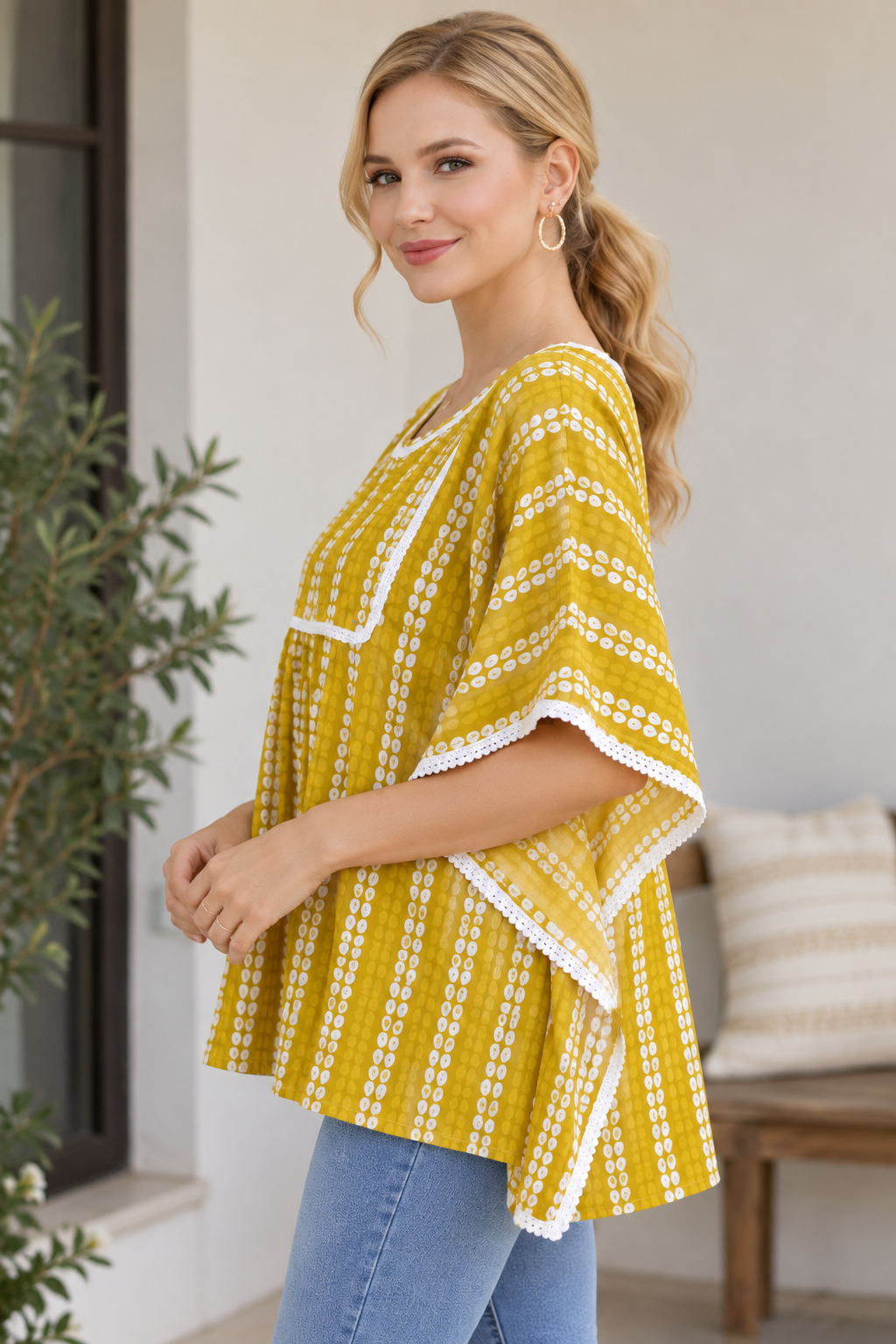 <b>Riya</b><br/>Rust Yellow Leafy Printed Kaftan Top - Image 2