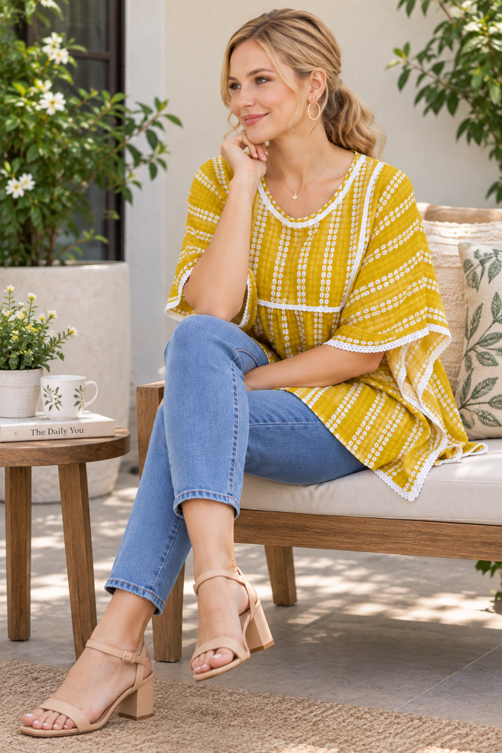 <b>Riya</b><br/>Rust Yellow Leafy Printed Kaftan Top - Image 4