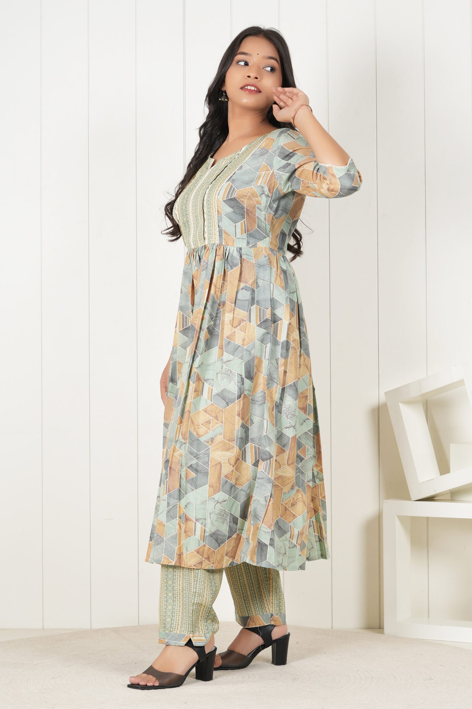 <b>Pocozen</b><br/>Sage Green Geometric Print Frock Style Kurti Pant Set - Image 3
