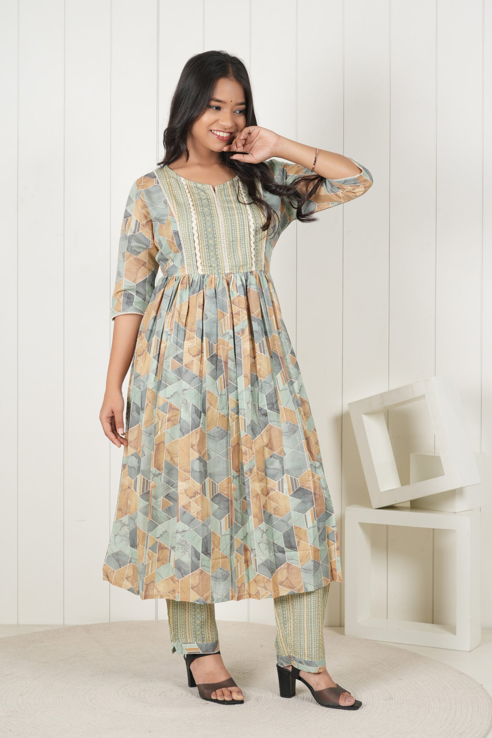 <b>Pocozen</b><br/>Sage Green Geometric Print Frock Style Kurti Pant Set - Image 2